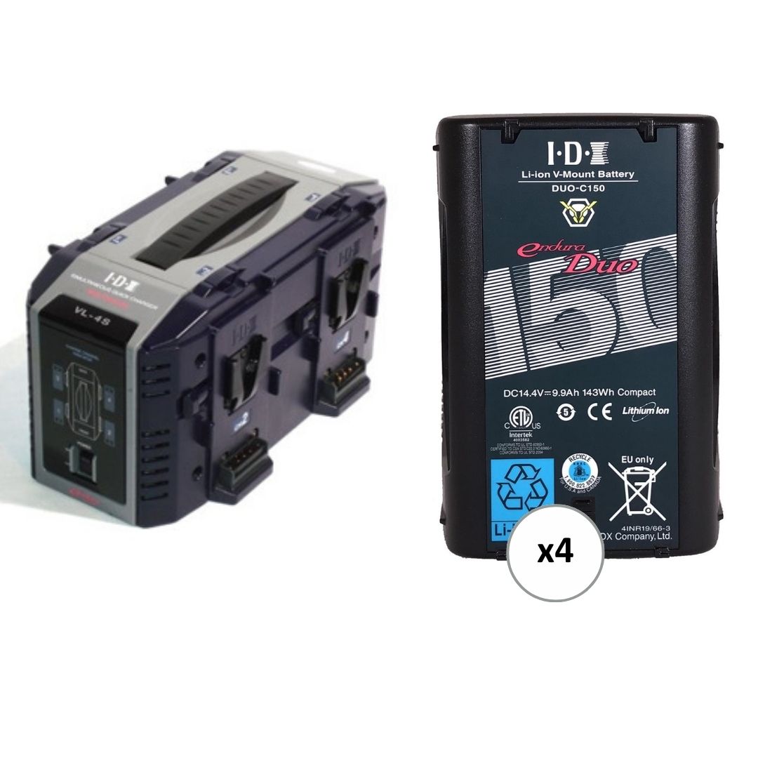 IDX DUO-C150 V-Mount 4-Battery Kit w/ Quad Charger (143Wh, 2 D-Taps)