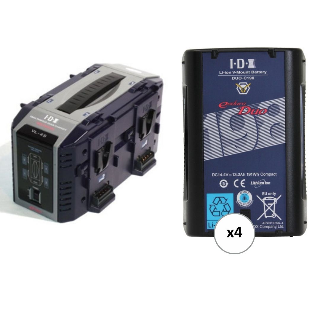 IDX DUO-C198 V-Mount 4-Battery Kit w/ Quad Charger (191Wh, 2 D-Taps)